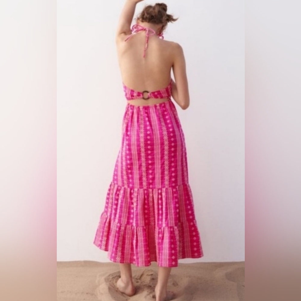 Zara Openwork Halter Embroidered Dress Pink - Size Medium - Picture 2 of 7